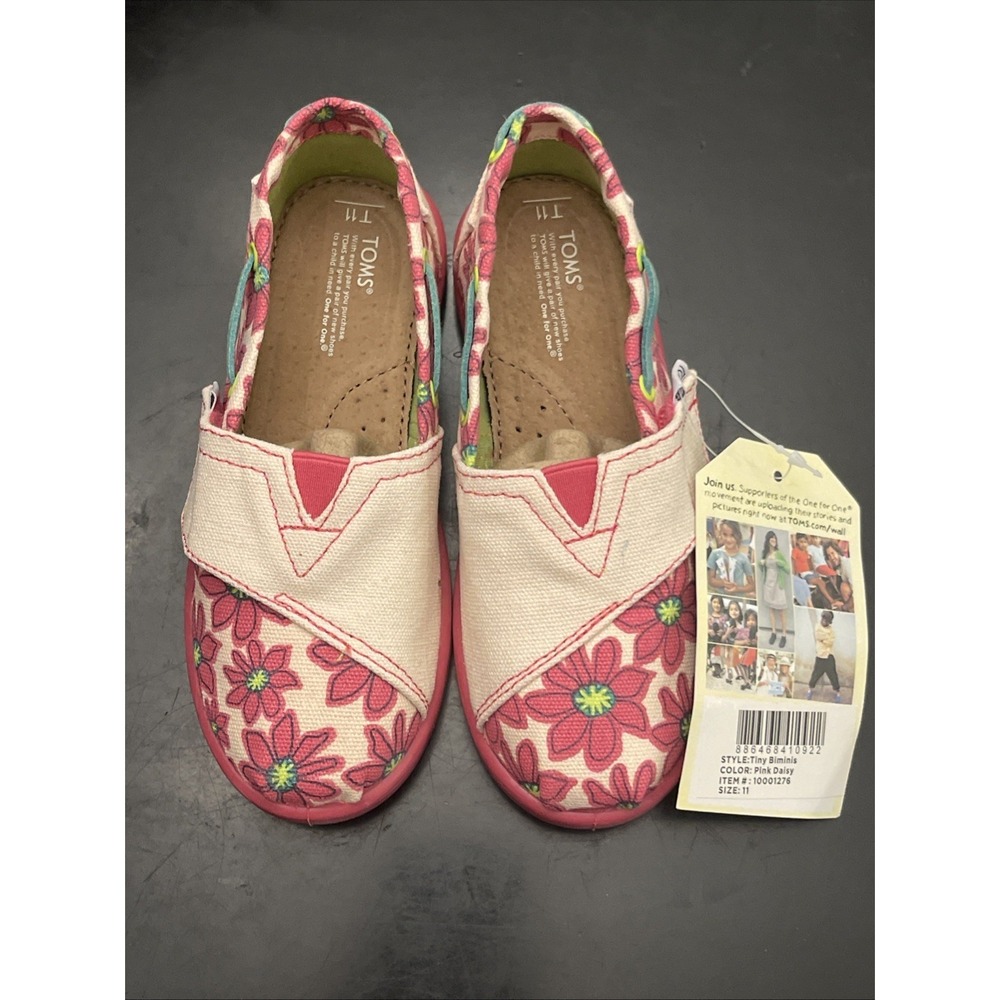 Rare NIB Authentic TOMS Pink Daisy Bimini Slip-On Shoe Bright Pink Youth Sz 11